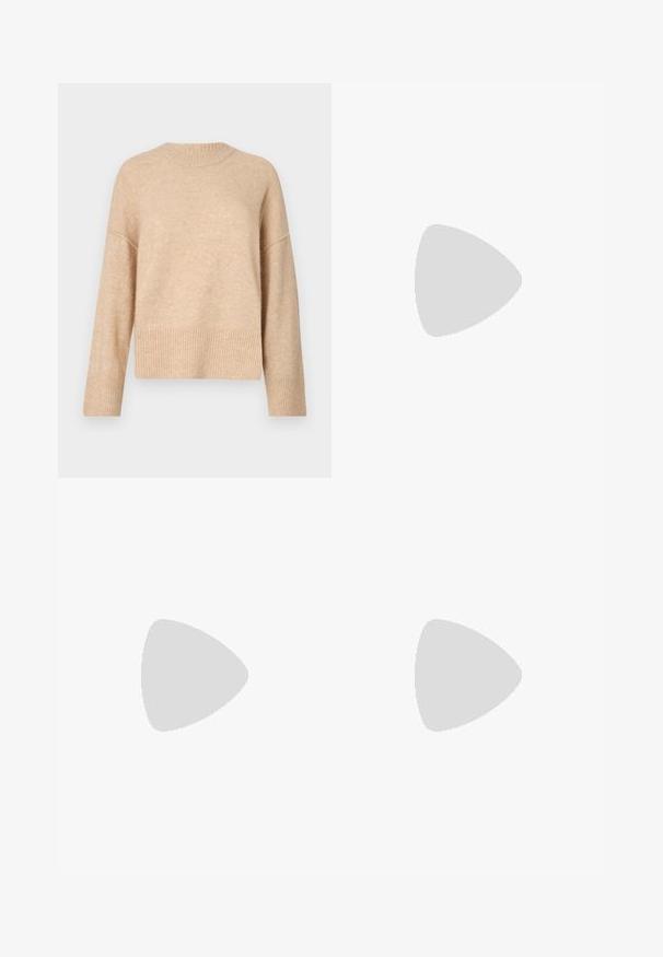 Beige neulepaita, jossa on pyöreä pääntie, tippuneet olkapäät ja ribattu helma. Pintakuvio näyttää pehmeältä ja hieman pörröiseltä.; Siniset farkkukankaiset cargo-housut rentoa istuvuutta, joissa on kaksi sivutaskua, vahvistetut saumat ja suora lahje.; Valkoiset nahkakengät paksulla valkoisella pohjalla, mustalla mokkanahkaosuudella kannassa ja kohokuvioitu logo sivulla. Nauhakeskitys kuudella reiällä.; Mustat ylisuuret aurinkolasit, joissa on geometrinen muoto, tummat linssit ja kehykseen erottuva harmaa yksityiskohta. Logo varressa.