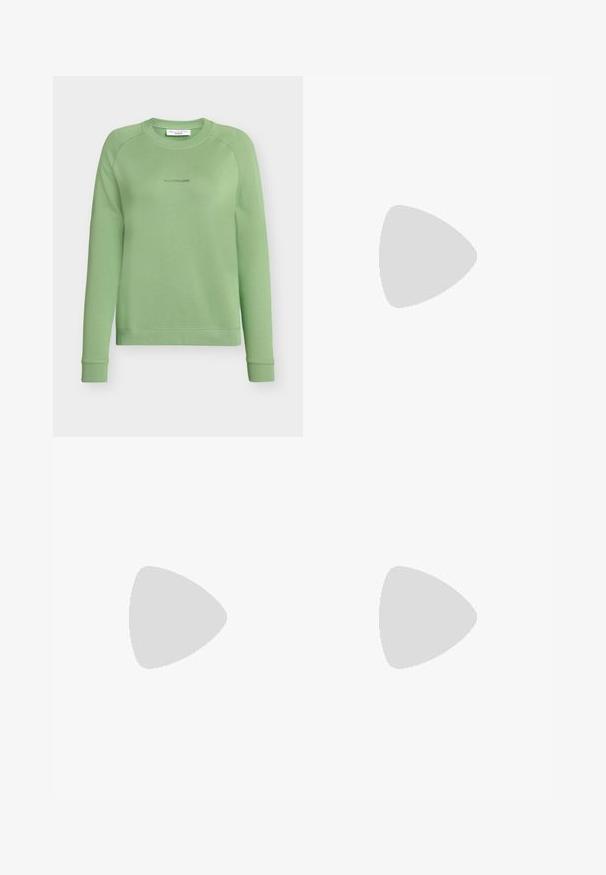 Sweatshirt verde com gola redonda, mangas raglan e punhos canelados. Apresenta um logótipo subtil da mesma cor no peito.; Calças largas pretas com um tecido texturizado, uma cintura elástica e um laço destacável na cintura para um ajuste ajustável.; Sandal de pele preta com bico pontiagudo e um salto bloco baixo. Apresenta uma tira no tornozelo com uma fivela em tom dourado. Textura suave.; Bolsa preta com forma estruturada, textura suave e um fecho metálico. Combinada com calças largas pretas e sandálias de salto aberto sobre um chão de madeira.