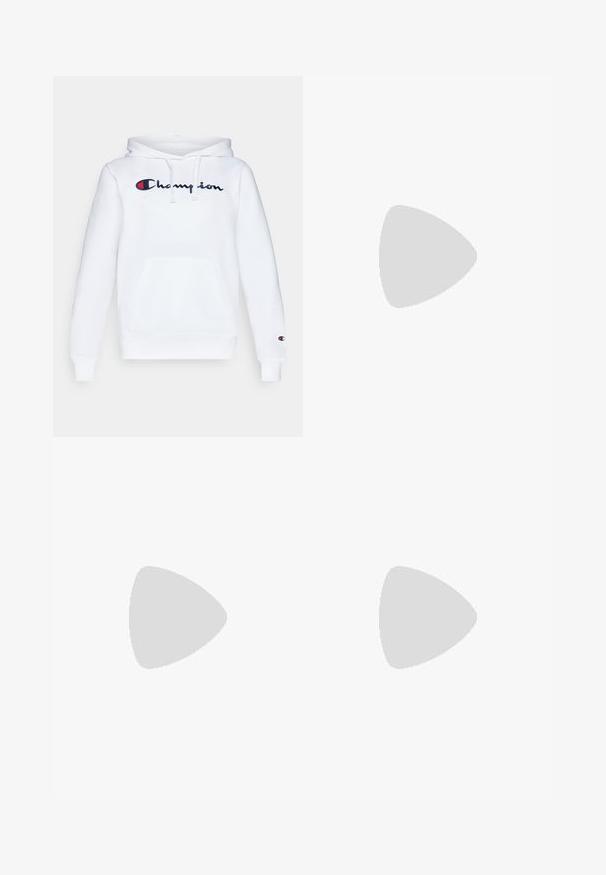 Hvit hettegenser med snor i hetta, frontlomme med kenguru-design, og brodert "Champion"-logo i marineblått og rødt på brystet.; Hvit ermeløs crop topp laget av glatt stoff, med rund halsutskjæring og en åpen ryggdesign, med pent søm langs kantene.; Sorte sykkelshorts med høy midje, laget av elastisk og myk stoff. Har flate sømmer og en glatt tekstur for komfort.; Hvit sportsko med et teksturert strikket overdeler, en glatt hvit mellomsåle og en gummisåle med et subtilt mønster.