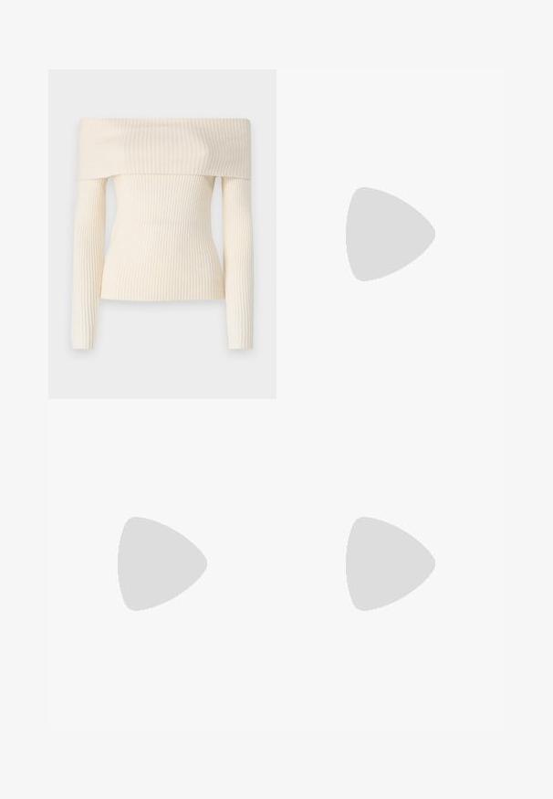 Schulterfreier, gerippter Strickpullover in Creme. Er hat lange Ärmel und eine taillierte Silhouette, die eine weiche Textur und einen subtilen Glanz zur Geltung bringt.; Braune Corduroy-Hose in weiter Form mit strukturiertem Finish, ausgestattet mit einem Standardbund und zwei Vordertaschen.; Weißer Slingback-Schuh mit spitzer Zehenpartie, schwarzem Spitzenbereich, niedrigem Absatz und glatter Textur. Verfügt über einen schlanken, verstellbaren Riemen an der Ferse.; Braune Farbverlauf-Sonnenbrille mit einem durchscheinenden rosa Rahmen, quadratischer Form und dünnen Metallbügeln. Verfügt über abgerundete Kanten und minimale Details.