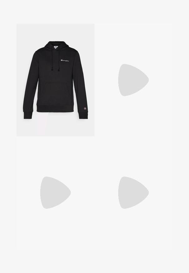 Hoodie noir en mélange de coton doux, avec une poche frontale, un capuchon à cordon de serrage et le logo Champion brodé en blanc.; T-shirt blanc à col rond en coton, avec des manches courtes et un petit logo brodé sur la partie gauche de la poitrine. Texture douce.; Pantalon de survêtement gris en mélange de coton doux, avec une taille élastique, des jambes fuselées et un petit logo sur la zone de la poche gauche.; Baskets de sport blanches avec une tige synthétique lisse, accent logo noir et détails perforés sur le côté. Semelle en caoutchouc.