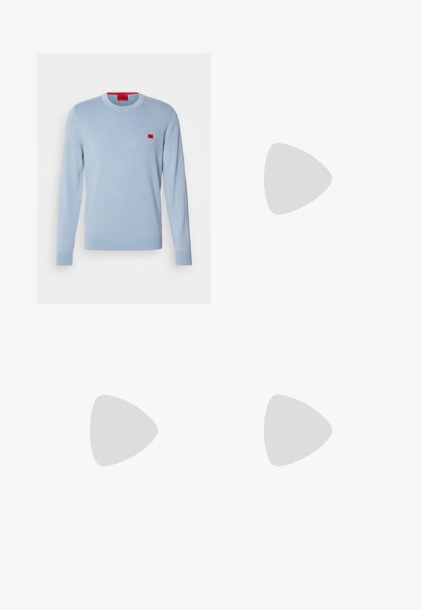 Light blue sweater made of soft knit material, featuring a crew neckline and long sleeves. Includes a small red logo patch on the chest.; Wide-leg denim jeans in medium blue, featuring a button closure, front pockets, and slight fading. Clean hem with a straight cut.; Black Nike Air Force 1 sneaker with a smooth leather upper, perforated toe for breathability, black laces, and a textured rubber sole.; Black plastic sunglasses with green lenses, square frames, silver accent on the brow, and textured temple arms. Stated brand on inner arm.