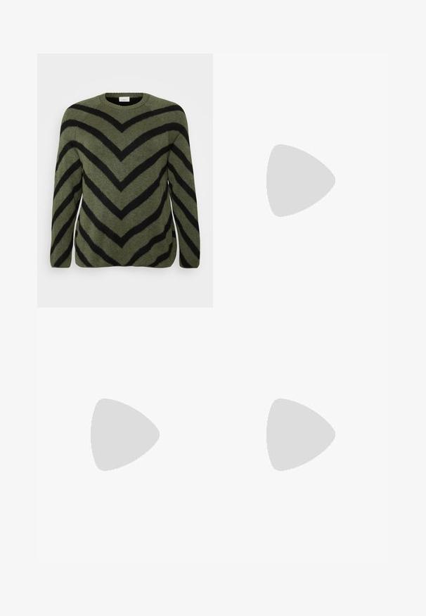 Green sweater with black chevron stripes. Round neckline, long sleeves, and soft texture. Straight hem with slight side slits.; Wide-leg jeans in black denim with a zippered front, five-pocket design, and subtle stitching details. Smooth texture and casual style.; Knee-high black leather boots with a squared toe and block heel, shown with a model seated in an olive green coat. Smooth texture, minimal detailing.; Black leather shoulder bag with a smooth texture and adjustable strap, paired with faded wide-leg jeans and athletic sneakers.