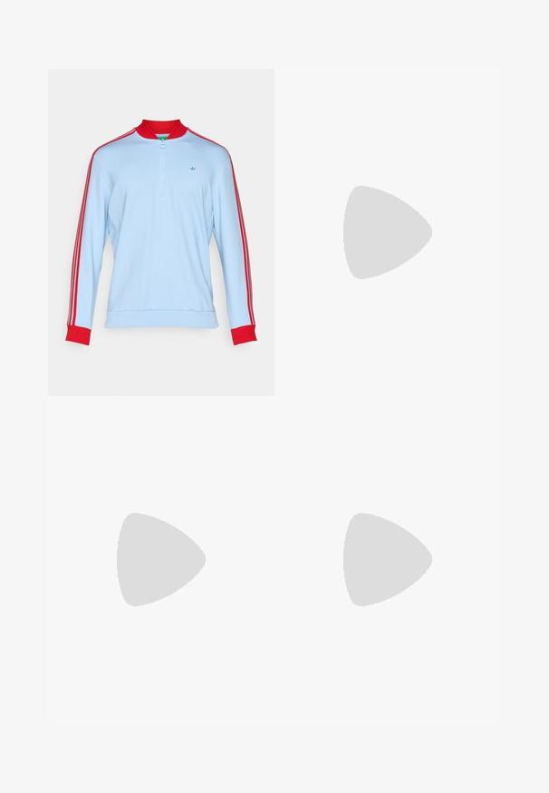 Svetlo modra dolga majica z ovratnikom, rdeči poudarki na ovratniku in manšetah ter rdeče stranske črte. Majhen logotip na prsih.; Bela kratka majica s kratkimi rokavi iz tkanine z gladko teksturo. Ima črn adidas logotip na levi strani prsnega koša in vzorčeno ovratnico.; Beli športni kratki hlače z elastičnim pasom in prilagodljivo vrvico. Gladko blago z rahlo teksturo, z bočnimi žepi.; Lahki tekaški čevlji v svetlo modri barvi z belimi črtami. Imajo gladek zgornji del, okroglo kapico in debel bel srednji podplat z označbo "LIGHTSTRIKE PRO."