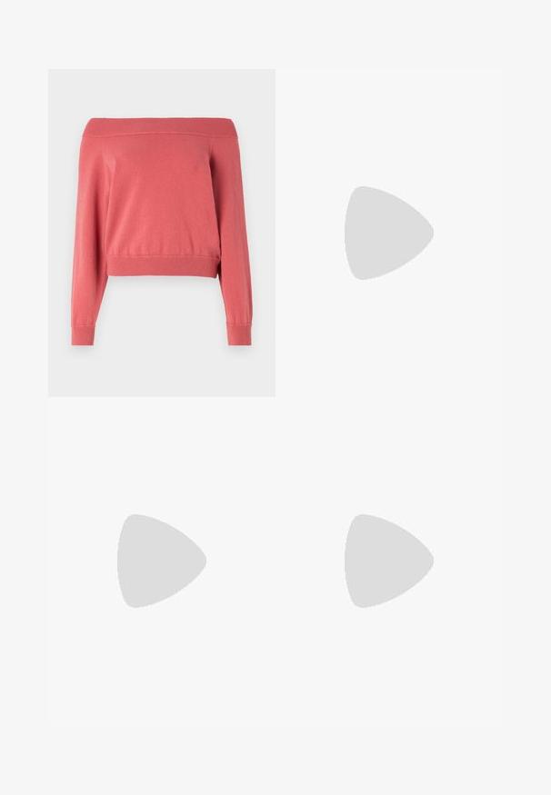 Coral off-the-shoulder sweater with long sleeves, ribbed neckline and cuffs, and a fitted waistband. Soft, textured fabric.; Light blue wide-leg jeans made of denim, featuring a high waist, front pockets, and a classic five-pocket design, with subtle fading.; Black leather mules with a pointed toe and low, block heel. Smooth texture with a sleek design. Open back with minimal detailing.; White leather handbag with a curved shape, featuring an embossed "CK" logo on the front and a single shoulder strap. Zipper closure at top.