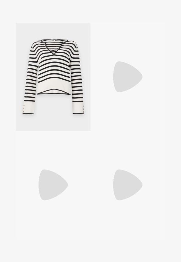 Black and white striped sweater, V-neck design, long sleeves with button accents, knitted texture, cropped hem.; Black flared jeans made of denim. Features a button closure, five pockets, and a smooth texture. The flared leg starts below the knee.; Black ankle boots made of smooth leather, featuring a side zipper, chunky textured heel, and rounded toe design.; Black leather tote bag with smooth texture, rectangular shape, and two long handles. No visible hardware or embellishments.