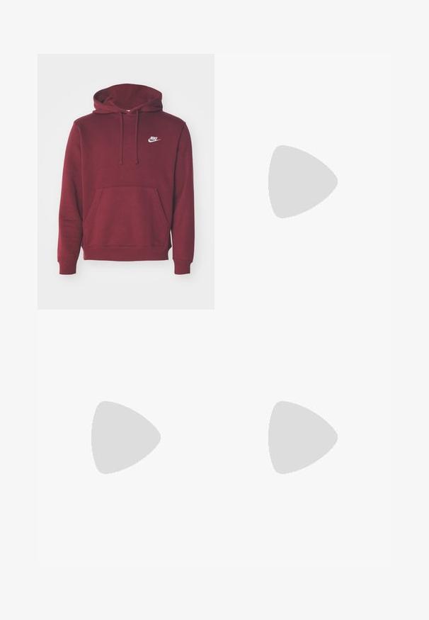 Nike Sportswear SPORTSWEAR CLUB FLEECE - Sweatshirt - burgundy crush/white; Black shorts featuring a drawstring waistband, lightweight fabric with a smooth texture, and a simple design without visible logos or patterns.; Black athletic shoes with textured fabric and rubber soles, featuring elastic laces and a blue accent on the heel. Worn with light denim pants.; Black rectangular sunglasses with dark lenses, featuring a distinctive shape and branding on the temple. Worn by a person in a green shirt.