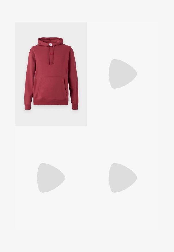 Red hoodie with front kangaroo pocket, drawstring hood, ribbed cuffs and hem, and subtle embroidered logo on chest.; Light blue denim jeans with high waist, front button, zipper, and five-pocket design, laid flat on a neutral background.; White sneaker with black and gray accents, featuring a textured gray toe cap, black rubber sole, and flat white laces. Clean design, minimalist style.; Black leather shoulder bag with a zip closure, featuring a textured body, white stitching, and a strap with silver grommets.