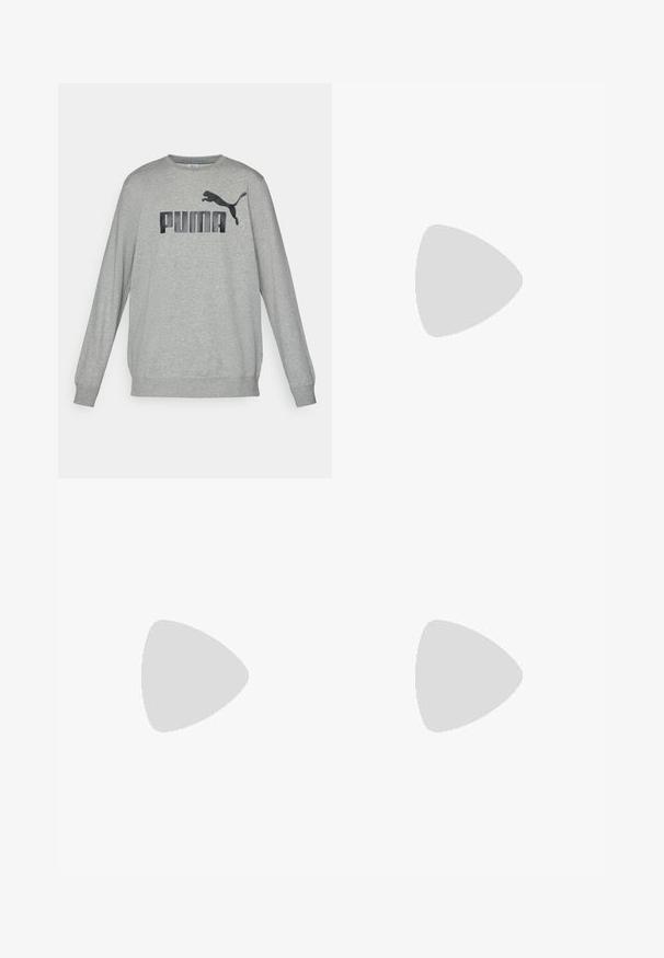 Sudadera gris de manga larga hecha de una mezcla de algodón, con un logo negro de "PUMA" y un gráfico de puma saltando en la parte frontal. Puños ajustados.; Camiseta deportiva negra con diseño de cuello en V, mangas cortas y patrones en forma de ola blancos en la parte superior. Cuenta con un pequeño logo blanco en la parte delantera.; Pantalones cortos cargo grises hechos de un tejido ligero, con una cinturilla elástica, dos bolsillos laterales y un pequeño logo en la parte inferior izquierda.; Zapatilla deportiva blanca con detalles negros. Parte superior de malla y sintético, suela gruesa y diseño curvado. Cuenta con cordones en la parte delantera y detalles del logo.