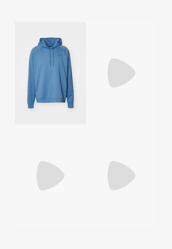 Blue hooded sweatshirt made of soft fabric, featuring a simple design, long raglan sleeves, and a small logo on the chest.; Navy blue cotton T-shirt with a crew neckline and short sleeves. Features a white Nike logo on the left chest and a straight hem.; Navy blue Nike sweatpants made from soft cotton blend, featuring an elastic waistband, tapered legs, and a small white logo on the side.; White leather sneaker with textured surfaces, padded collar, and visible air cushioning in sole. Features laces and a minimalistic design.