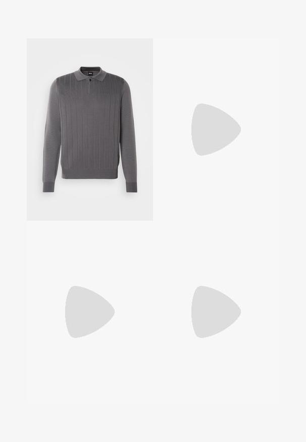 Gray long-sleeve polo sweater with a ribbed texture, featuring a collar and two-button placket, and a fitted design for a streamlined look.; Black tailored trousers with a straight fit, made from smooth fabric. Features belt loops and crease detail along the front.; White leather sneakers with a smooth finish, rounded toe, flat laces, and a textured sole. Grey suede accent at the heel.; Clear plastic sunglasses with rectangular brown lenses, featuring thin, transparent arms and metal accents on the temples.