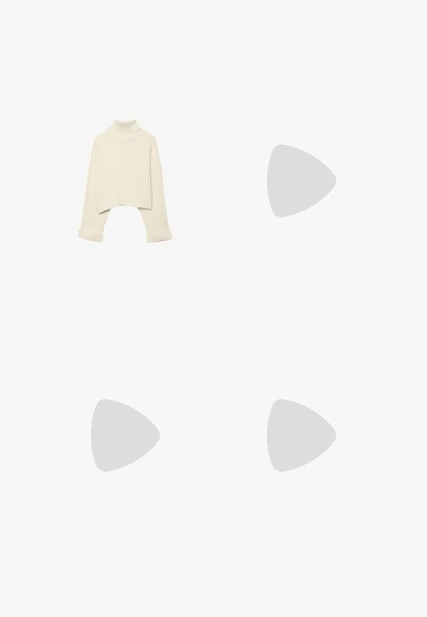 Pull en cream à col roulé à côtes avec un design court et des manches larges. Le tissu semble doux et texturé ; les poignets sont repliés.; Pantalons larges marron avec une texture lisse, dotés d'une ceinture noire à la taille et de poches latérales. Design ajusté et coupe décontractée.; Bershka Sandales à talons hauts - black; Sac en cuir marron avec un haut froncé et une bandoulière en chaîne. Texture lisse avec une finition brillante et des coutures subtiles sur les côtés.