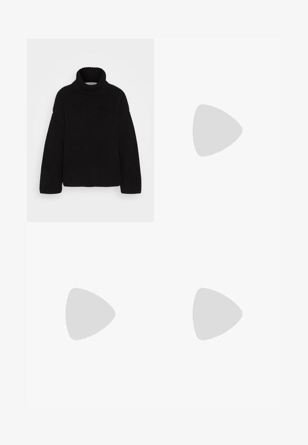 Selected Femme SLFSEFIKA ROLLNECK - Neule - black; Mustat leveälahkeiset housut, joissa on sileä pinta, etupuolella laskokset ja muotolaskettu malli. Kangas on kevyttä ja laskeutuvaa.; Polvisuoja mustat nahastossud, millel on ruudukujuline varvas ja plokk-kints, on esitatud mudeli seljas, kes istub oliivrohelises mantlis. Sile tekstuur, minimaalne detailitus.; Ruskean nahkainen olkalaukku, jossa on kaareva muoto, kultaiset yksityiskohdat ja solkiyksityiskohta. Varustettu irrotettavalla olkahihnalla.