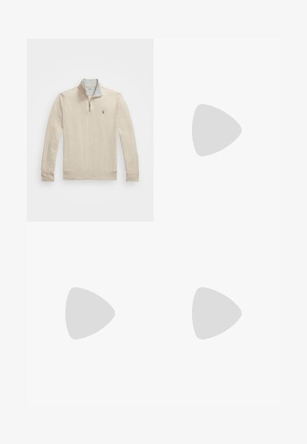 Beige cotton pullover with a zip collar, long sleeves, and an embroidered logo on the chest. Soft texture and relaxed fit.; Beige long-sleeve shirt made of cotton blend. Features button-down collar, seven front buttons, and a small embroidered logo on the left chest.; Beige cotton chinos with a flat front, belt loops, and side pockets. Straight-leg design with a smooth texture and a light, breathable feel.; White leather sneakers, low-top design, featuring a smooth texture, round toe, laced front, and a small embroidered logo on the side.