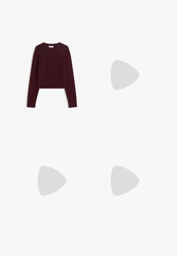 Burgundy cropped sweater made of soft fabric, featuring long sleeves, a ribbed neckline, and ribbed hem detailing. Simple, solid design.; Navy blue wide-leg trousers with pleats, buttoned waistband, and belt loops, shown flat on a white background.; Sport shoes with a white leather upper, gray suede toe, and three black stripes. Features a blue logo on the tongue and a textured rubber sole.; Maroon leather handbag with a curved shape, a single shoulder strap, and stitched detailing at the center. Smooth texture, minimal hardware.