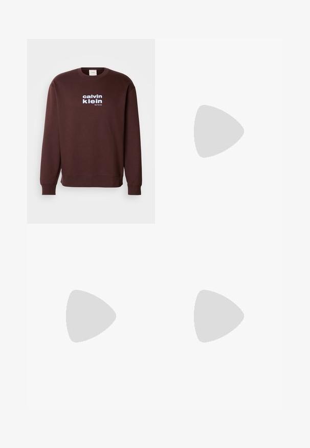 Brūns apkakles džemperis, kas izgatavots no kokvilnas, uz kura priekšpuses bold tipogrāfijā ir uzdrukāts balts logo "calvin klein" un "New York City".; Balta garām piedurknēm pogājamā krekla izgatavots no kokvilnas. Iezīmē klasisku apkakli, poga aproces un mazu tumši zilu izšūtu logo uz krūšu.; Gaiši zili pieguļoši džinsi ar nelielu izbalēšanu uz gurniem, ar pogu aizdari priekšā, jostas cilpām un piecu kabatu stilu uz baltā fona.; Pelēkie sporta apavi ar zamša un tekstila augšu, balto Nike logotipu un baltiem šņorēm. Iezīmējas ar strukturētu gumijas zoli un mīkstu apkaklīti.