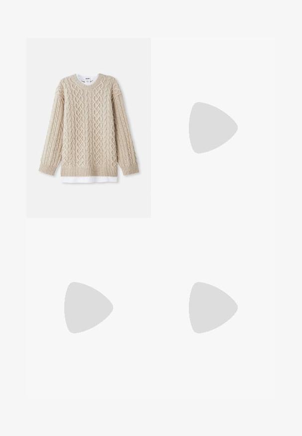 Beige neulepusero, jossa on kaapelitekniikka, resorit hihoissa ja helmassa. Kerroksellinen ilme, jossa valkoinen paita näkyy alaosassa.; Pitkähihainen paita hillityn vihreänä, jossa on teksturoitu kuosi, pyöreä pääntie ja raglan-hihat, valmistettu pehmeästä ja kevyestä kankaasta.; PULL&BEAR MEGA BAGGY - Baggy-farkut - light grey; Vaaleansininen ja ruskea lenkkari, jossa on teksturoitu verkkomateriaali, kerrostettu muotoilu, heijastavat yksityiskohdat ja pehmustettu kermavärinen välikerros.