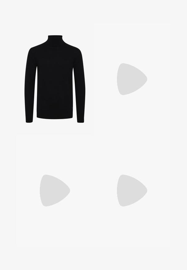 Pull à col roulé noir, à manches longues, avec un col et un ourlet côtelés, fabriqué en tissu tricoté lisse, avec un logo discret sur le côté inférieur.; Chemise noire à manches longues en tissu lisse, dotée d'un col classique, de deux poches devant et de poignets à boutons.; Pantalons noirs en tissu lisse, avec une coupe droite, deux plis avant et une taille standard avec passants de ceinture.; Mocassin en cuir noir avec une finition lisse, présentant un design cousu et une accent décoratif en chaîne métallique sur le rand. Talon plat.; Lunettes hexagonales transparentes avec des teintes marron clair ; monture épaisse et claire avec des branches fines ; aucune logo ou motif visible.