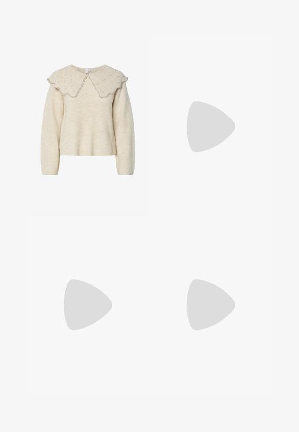 Cream-colored sweater with a scalloped collar and silver bead accents. Made from textured, soft fabric. Features long sleeves and a relaxed fit.; Black wide-leg jeans made from denim, featuring a high waist, five pockets, front button closure, and minimal stitching details.; Black leather slingback heels with a pointed toe, small kitten heel, and a decorative knot detail on the front. Smooth texture throughout.; White rectangular clutch bag made of glossy material, featuring a silver chain strap. Model poses, showcasing the bag against a plain background.