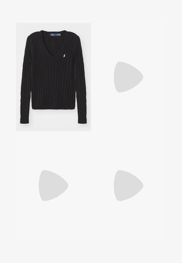 Black cable-knit v-neck sweater with ribbed cuffs and hem. Features a small embroidered logo on the chest. Made from textured yarn.; Black athletic shorts with elastic waistband, cream side stripes, and a white "P" logo on the lower left. Smooth fabric, relaxed fit.; White leather sneakers, low-top design, featuring a smooth texture, round toe, laced front, and a small embroidered logo on the side.; Black leather half-moon bag with a gold hardware accent, featuring a zip closure. Worn crossbody over a gray sweater.