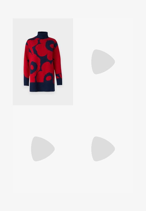 Marimekko VINNI UNIKKO - Jumper - red, blue; Black tailored trousers with a straight-leg design, featuring a smooth texture and crisp creases along the front. No visible hardware.; Black leather slingback high-heeled shoe with a pointed toe, smooth texture, and a narrow ankle strap featuring gold hardware accents.; Black leather handbag with a structured design, featuring a cropped shape, top handle, and gold hardware accent. Adjustable shoulder strap included.