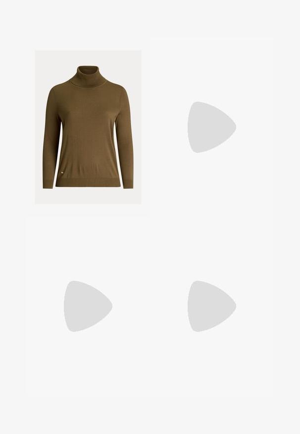 Lauren Ralph Lauren Woman SILK BLEND TURTLENECK SWEATER - Džemperis - honey tan; Juodos plačios kojos kelnės, pagamintos iš audinio, su aukštu liemeniu, priekiniais mygtukais ir šoniniais kišenėmis. Sklandus paviršius su švariomis linijomis.; Juodai lakuoti slingback aukštakulniai su smailiu nosiu, su tekstūruotu gyvatės raštu, reguliuojama juosta ir trumpu, tekstūruotu blokiniu kulnu.; Juodas odinis per petį nešiojamas krepšys su dviem priekiniais kišenėmis, auksiniais sagtimis, užtrauktuko uždarymu ir siauromis petnešomis. Textūruota paviršius ir kompaktiškas stačiakampis formatas.