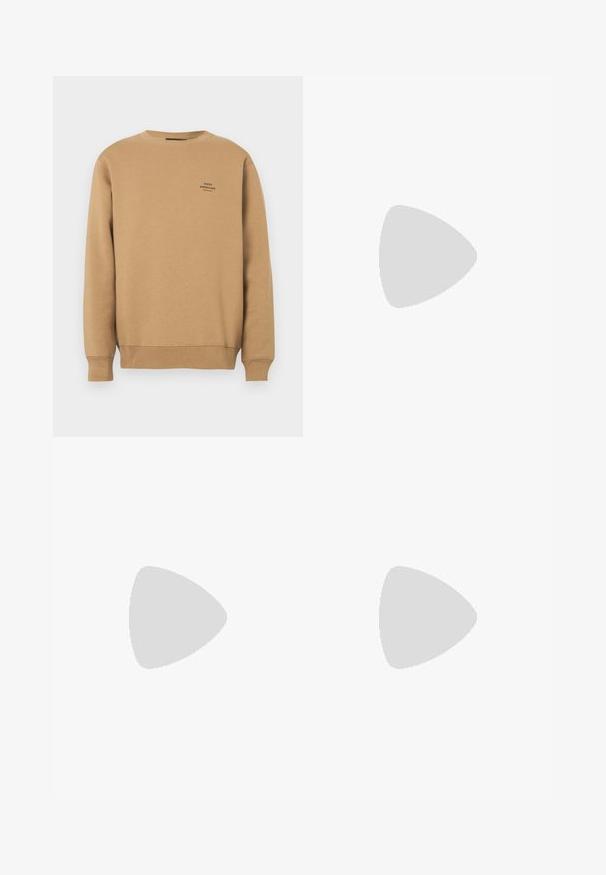 Beige crewneck sweatshirt with ribbed cuffs and hem, featuring small black "Mads Nørgaard Copenhagen" logo on chest left side.; Black long-sleeve t-shirt made of cotton, featuring a round neckline and a small green embroidered crocodile logo on the left chest.; Light blue denim jeans with a loose fit, straight legs, five-pocket design, and a button closure at the waist. Minimalistic stitching detail.; Lacoste sneakers in dark gray with mesh and synthetic material, featuring a textured sole and brown accents on the collar and branding.
