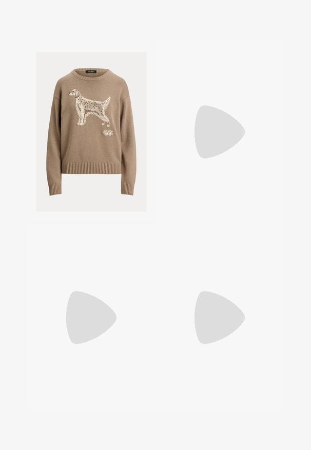 Bežinis megztinis su tekstūruotu šuns dizainu priekyje ir raištinėmis rankovėmis bei apatine dalimi. Prekės ženklo logotipas matomas baltos spalvos apatinėje dešinėje.; Pilki plačios kojos kelnių iš tekstūruoto audinio, su subtiliu raštu. Su juosmeniu su diržo kilpomis ir tvarkingai supjaustytais kraštais.; Slingback balerinos su gyvačio raštu, kurio atspalviai yra šviesiai rudos ir juodos, su smailiu nose ir plonu kulkšnies dirželiu.; Kiaušinio lukšto saulės akiniai su apvaliais rėmeliais, tamsiais lęšiais ir auksiniu logotipu ant šventyklų. Lygus plastiko paviršius, jokie matomi raštai.; Ruda dirbtinės sušalimo medžiagos rankinė su dviem tvirtais užtrauktukais, struktūriška forma ir minimalistiniu dizainu, puikuojasi subtiliomis siūlėmis.