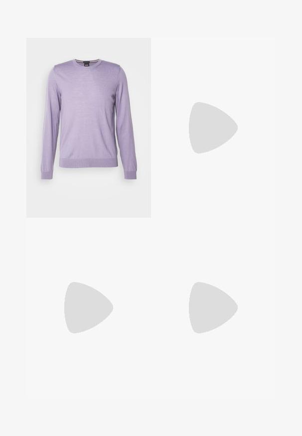 BOSS LENO-P - Džemperis - medium purple; Juodi džinsai su tiesiu kirpimu, su mygtuku ir užtrauktuku, penkiais kišenėmis ir subtiliomis siūlėmis.; Juodas odinis batų modelis su raišteliais, apvaliu nosiu, lygiu paviršiumi, minimaliai siuvinėjimu ir žemu guminėmis pakulne. Ant pakulnės šalia logo.; Juodas sportinis krepšys, pagamintas iš tekstūruotos sintetinės medžiagos. Yra du rankenoms ir reguliuojama petneša. Paprastas dizainas be matomų raštų.