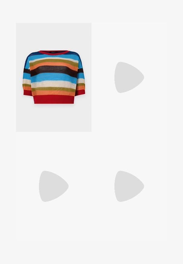 Multicolored cropped knit sweater featuring horizontal stripes in blue, orange, green, brown, and red, with a ribbed neckline and cuffs.; Light blue denim maxi skirt with a straight cut, featuring side slits and five-pocket design. Prominent stitching and metal button closure.; Black leather ballet flat with a rounded toe, smooth texture, minimal stitching detail, and a flexible sole design.; Black leather handbag with a curved shape, featuring a decorative design on the front, a short strap, and gold-tone hardware accents.