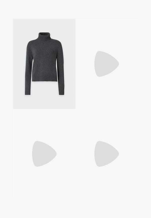 Gray turtleneck sweater made of soft knit fabric, featuring long sleeves and a ribbed hem for a fitted look.; Beige wide-leg trousers in lightweight fabric, featuring a smooth texture and clean front pleats. The waistband is tailored with belt loops.; Black patent slingback heel with a pointed toe, featuring textured snake print, adjustable strap, and a short, textured block heel.; Black leather crossbody bag with two front pockets, gold buckles, zipper closure, and a slim strap. Textured surface and compact rectangular shape.