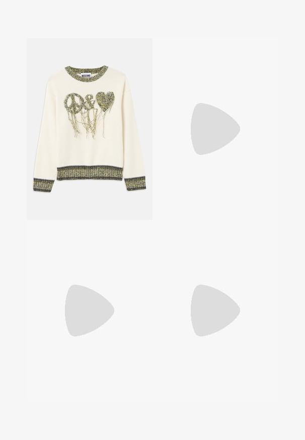 Suéter crema con diseños de "paz" y corazones en un hilo verde texturizado. Presenta un cuello y puños acanalados con contrastes oscuros.; Pantalones de pierna ancha en color azul marino, confeccionados en algodón y con múltiples bolsillos. Presentan un colorido bordado de texto y gráficos, incluyendo corazones y frases divertidas.; Paul Smith TOPANGA - Bailarinas - black; Bolso de mano de cuero marrón con cierre de solapa, herrajes en tono dorado, correa para el hombro y una textura suave. Forma rectangular compacta.