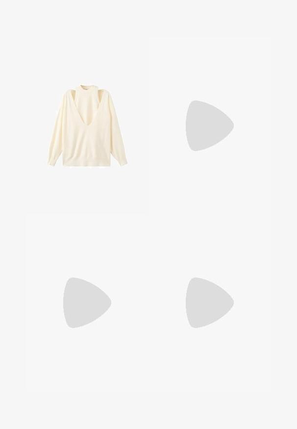 Cremefarvet langærmet top med dyb V-hals og udskåret skulderdesign. Blødt stof med afslappet pasform og ribbede kanter ved hals og ærmer.; Brune bukser med brede ben og fine striber, med en knappet talje og bæltestropper, præsenteret fladt på en hvid baggrund.; Brune læderslyngehæle med spidse tæer, tynde stiletto hæle og guld hardware detaljer. Har krydsseler henover foden.; Sorte ovale solbriller med gradient lilla linser. Blank plastikramme og -arme. Guld logo på venstre arm.; Sort læder hobo taske med en blød, buet form. Har en bred toprem og rynker i bunden for en afslappet struktur.