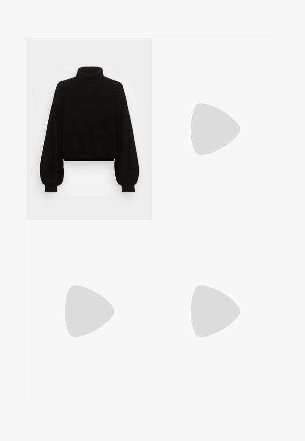 Pull à col roulé noir court en tissu côtelé, avec des manches amples et une taille ajustée, au toucher lisse.; Jean large en denim bleu clair. Avec taille haute, conception à cinq poches et fermeture à bouton. Coupe droite avec un ourlet net.; Escarpin noir en cuir à bout pointu avec une bride de cheville et un talon épais. Texture lisse, design élégant et esthétique minimaliste.; Sac hobo en cuir noir avec une texture lisse, une forme incurvée et une seule sangle réglable ; dispose d'une large ouverture en haut.