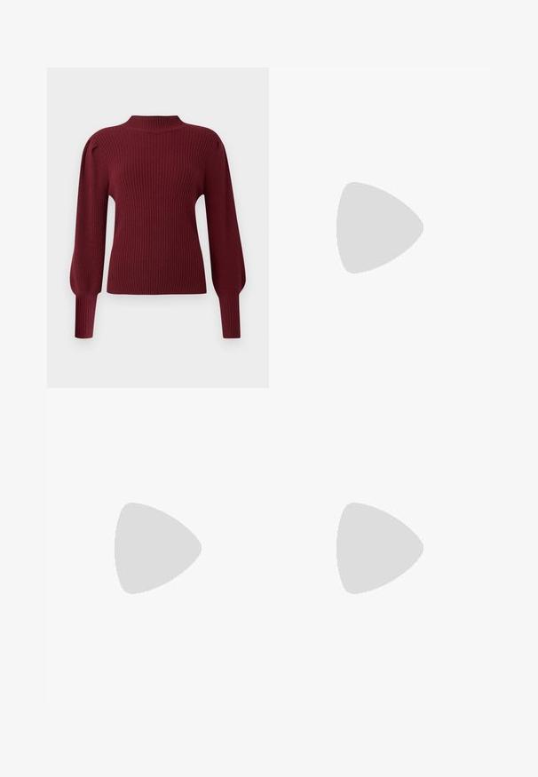 Burgundy ribbed knit sweater with a high neck, long puffed sleeves, and fitted cuffs. Features soft texture and structured design.; Beige wide-leg trousers with an elastic waistband and drawstring, featuring a smooth fabric texture and side pockets.; Black patent heeled sandals with a square toe, ankle straps, and silver buckles. Features a chunky block heel for stability.; Brown leather tote bag with a smooth texture, open top design, and two shoulder straps. Features minimal stitching and no visible hardware.
