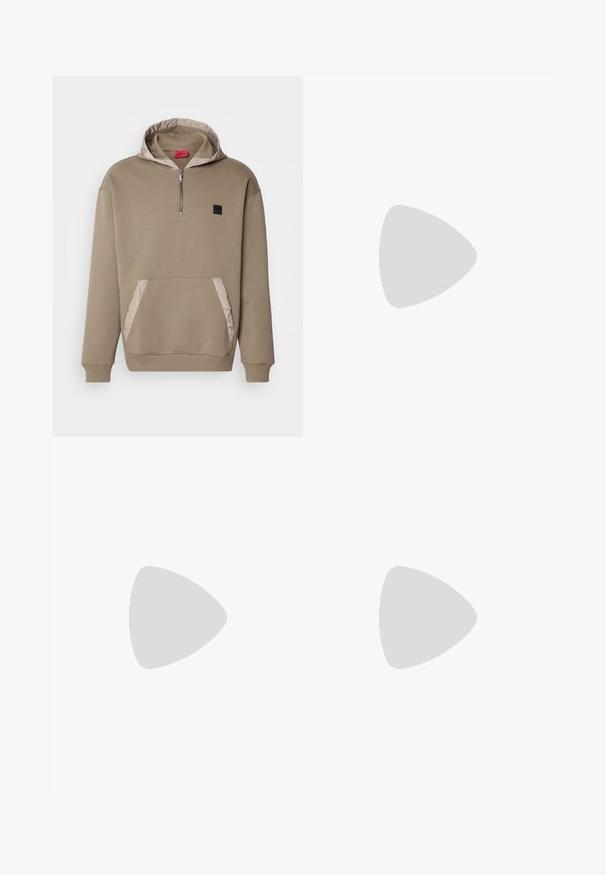 Béžová mikina s polovičným zipsom, prešívanou podšívkou kapucne a kontrastnou textúrovanou prednou kapsou. Má rebrované manžety a malú nášivku s logom.; Biely bavlnený tričko s okrúhlym výstrihom, krátkymi rukávmi a jemne embosovaným logom na hrudi. Vnútorná etiketa má oranžový akcent.; Čierne slim-fit teplákové nohavice s bielou šnúrkou na stiahnutie, rebrovanými manžetami a nenápadným logom na hornej strane stehna na jednofarebnom pozadí.; Čierne tenisky s hladkým koženým zvrškom, okrúlym špičkou, plochými šnúrkami, polstrovaným golierom a minimalistickým dizajnom. Gumená podrážka s jemným vzorom behúňa.