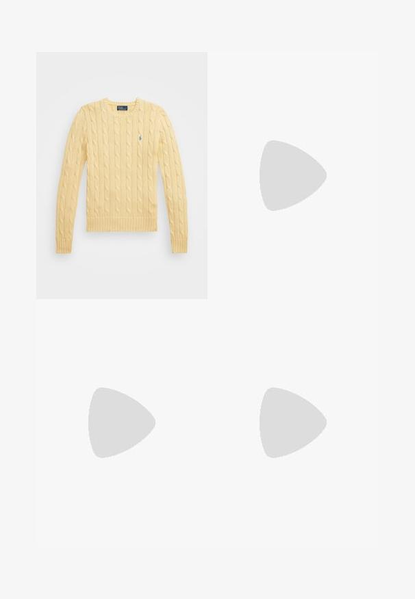 Suéter amarelo de malha canelada com mangas longas, decote redondo, punhos e bainha canelados. Apresenta um pequeno logótipo azul no peito.; Jeans de perna larga em denim off-white. Design de cintura alta com fecho de botão, dois bolsos frontais e detalhes de costura em contraste.; Sapatos pretos de couro com sola grossa e estriada, apresentando um detalhe em hardware prateado circular e costura mínima.; Bolsa de mão de couro castanho com um design curvado, alça de corrente dourada, bolso interior e uma alça de ombro destacável. Apresenta costura em contraste.