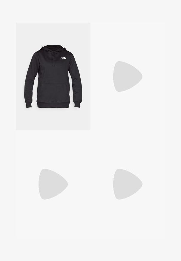 Sweatshirt com capuz preto, feito de uma mistura de algodão, apresentando um bolso canguru e um logótipo branco no peito. Textura suave e mangas longas.; Leggings capri pretos feitos de um tecido elástico, com uma cintura alta e um pequeno logótipo branco no lado esquerdo. Textura suave.; Bota de caminhada castanha e verde com painéis de malha, sola de borracha e características de suporte. Inclui superfície texturizada e um sistema de cadarços proeminente.; Bolsa de cintura preta feita de material de nylon durável, com um bolso com fecho éclair e puxadores duplos, e logotipo e texto contrastantes em branco. Design compacto com correias ajustáveis.