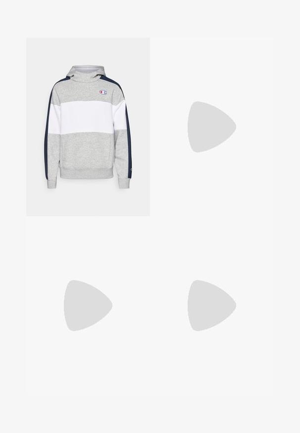 Sudadera gris con franjas horizontales blancas, paneles laterales azul marino y logotipo en el pecho. Fabricada en un tejido suave, cuenta con un cuello alto y puños acanalados.; Camiseta de algodón negra con mangas cortas, cuello redondo y un logo blanco en el lado izquierdo del pecho. Textura suave y diseño sencillo.; Joggers blancos y ligeros con cinturilla elástica y cordón. Presentan puños ajustados y bolsillos laterales. Decorados con un logo negro.; Zapatilla deportiva en gris y blanco, hecha de material sintético, con un diseño aerodinámico, acabado texturizado y un sistema de cordones prominente.