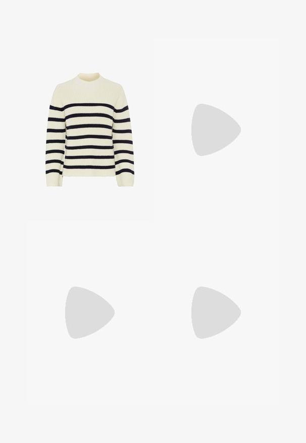 Cremfarbener Pullover mit dunkelblauen horizontalen Streifen, gerippter Textur und rundem Ausschnitt. Verfügt über lange Ärmel und einen geraden Saum.; Hellblaue Denim-Shorts mit hoher Taille, geradem Schnitt und rohem Saum. Verfügt über einen klassischen Knopf- und Reißverschluss sowie vier Taschen.; Schwarzer lacklederner Slingback-Schuh mit spitzem Zehenbereich, zwei Riemendetails, goldenen runden Akzenten und niedrigem Blockabsatz.; Schwarze Lederhandtasche mit geschwungener Form, gequilteter Textur und goldenen Beschlägen. Sie verfügt über einen abnehmbaren Schultergurt und ein Logodetail.