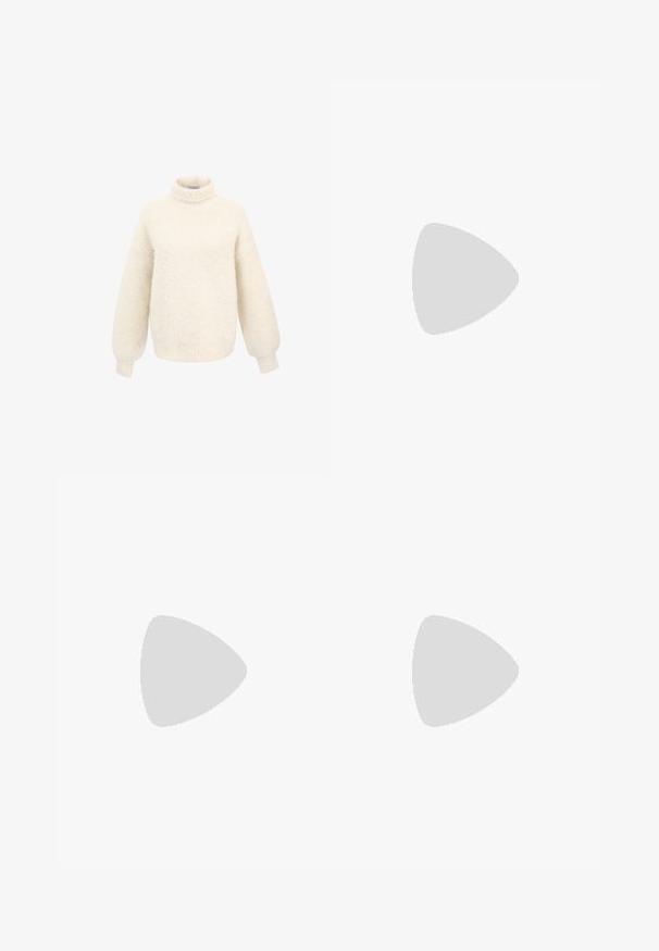 FRNCH NADINE - Pullover - creme; Deux tops à manches longues en col roulé, l'un blanc et l'autre noir, fabriqués dans un tissu lisse et extensible, tous deux dotés d'une coupe ajustée et de cols hauts.; Leggings noirs avec une large ceinture élastique. Fabriqués dans un matériau lisse et extensible, ajustés pour une silhouette cintrée et sans motifs visibles.; Baskets blanches avec un panneau en tissu à motif marron, accents en métal doré, bout rond, design à lacets et semelle en caoutchouc texturé.; Sac en cuir brun à bandoulière avec motif logo, bandoulière en chaîne dorée, fermeture éclair et accents de quincaillerie dorée. Forme compacte et rectangulaire.