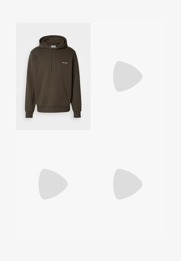 Carhartt WIP HOODED SCRIPT EMBROIDERY - Jersey con capucha - cypress/white; Camiseta de algodón blanca con manga corta, escote redondo y una textura suave. Diseño simple sin patrones ni gráficos.; Jeans de mezclilla negra con corte recto, con cremallera, cinco bolsillos y costuras de contraste a lo largo de las costuras.; Zapato negro de cuero con cordones, punta redondeada, suela de goma texturizada y costuras amarillas alrededor de la base. Diseño plano y acabado suave.
