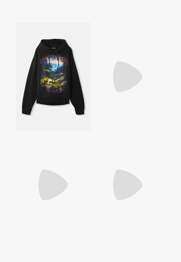 Zwarte hoodie met een natuurthema grafiek van herten en bergen. Met een trektouw capuchon, lange mouwen en een relaxed fit. Zachte katoen stof.; Witte katoenen t-shirt met een zwart grafisch logo op de borst. Korte mouwen, ronde hals en een relaxte pasvorm.; Zwarte rechte jeans met gele stiksels, vijf zakken, knoopsluiting en een klein rood etiket op de rechter voorzak.; Zwarte suède sneakers met gouden metallic strepen, gestructureerde rubberen zool en zwarte veters. Bevat een logo op de hak en een gladde tong.