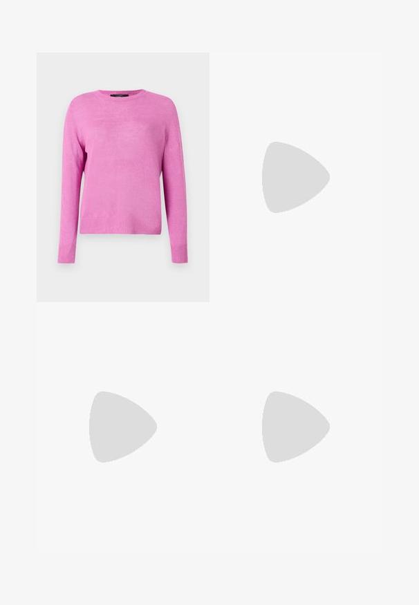 Pink knitted sweater with long sleeves, round neckline, and a ribbed hem. The fabric presents a smooth texture and a lightweight appearance.; Knit white midi skirt featuring a textured pattern with vertical lines and cut-out details near the hem. Elastic waistband. Soft material.; Black leather ballet flat with a rounded toe, smooth texture, minimal stitching detail, and a flexible sole design.; Brown leather handbag with a flap closure, gold-tone hardware, a shoulder strap, and a smooth texture. Compact rectangular shape.