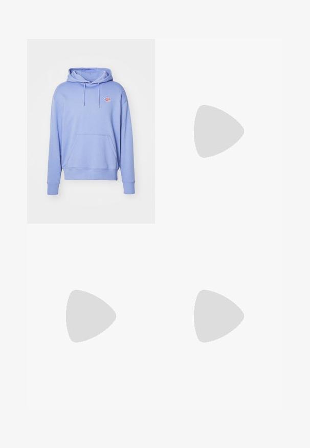 Light blue hoodie made of soft cotton. Features a front pocket, adjustable drawstrings, and a small logo on the chest.; Rust-colored trousers with a faded texture, featuring two large, frayed cut-out patches on the knees and standard pockets.; New Balance 1000 sneakers in navy and gray mesh, featuring a cushioned sole, textured accents, and prominent logo on the side.; Black fabric fanny pack with a zippered closure, featuring a small branded logo on the front. Compact, rounded design with adjustable straps.
