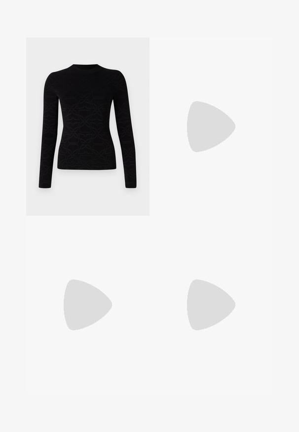 Mustassa pitkähihaisessa paidassa on teksturoitu, toistuva kuvio. Se on valmistettu pehmeästä kankaasta, jossa on pyöreä pääntie ja istuva siluetti.; Mustat pleated-housut suoran lahkeen muotoilulla, valmistettu sileästä kankaasta. Ominaisuuksiin kuuluu korkea vyötärö ja näkymättömät sivutaskut.; Musta nahkakengät, joissa on teräväkärkinen muoto ja paksu neliöklippu. Sujuva pinta, yksinkertainen muotoilu, sopii virallisiin tilaisuuksiin.; Musta nahkakäekott kolmnurga kujuga, peene rihmaga ja hõbedaste detailidega. Omab lukuga sulgemist ja esiküljel on reljeefne logo.