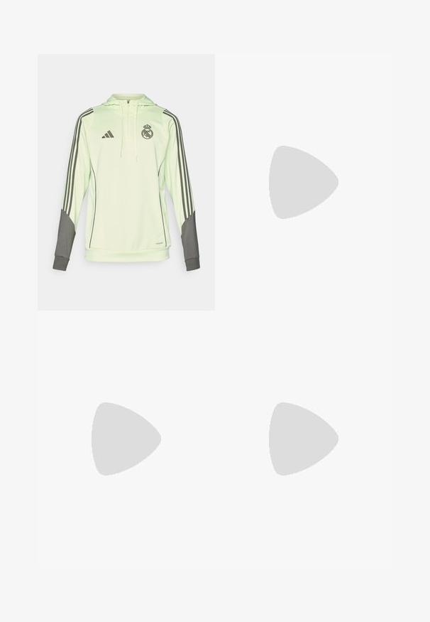 Hellgrüner Kapuzensweatshirt mit grauen Akzenten, versehen mit drei schwarzen Streifen an den Ärmeln, Adidas-Logo und dem Wappen von Real Madrid.; Weißes sportliches T-Shirt mit kurzen Ärmeln, aus feuchtigkeitsableitendem Material. Mit einem schwarzen Logo auf der linken Brust und einem gemusterten Innenkragen.; Schwarze Sporthose mit einem dehnbaren Bund, weißen Seitenstreifen und einem kleinen weißen Logo auf dem Oberschenkel. Hergestellt aus einem glatten, leichten Material.; Schwarze Sportschuhe mit einem strukturierten Mesh-Obermaterial, weißen Akzentstreifen, einer gepolsterten Sohle und einer verstärkten Ferse für Unterstützung.