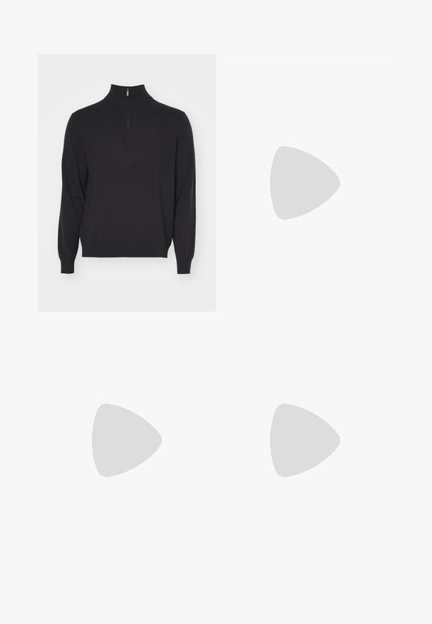 Pull à col zippé noir en texture douce et lisse avec des manches longues et des poignets côtelés. Design simple, sans motifs ni accents.; Han Kjøbenhavn TROUSERS - Pantalon classique - brown; Baskets blanches et noires avec une tige en cuir lisse, des accents texturés et une semelle épaisse blanche. Présentent un design classique à lacets.; Sac fourre-tout en tissu beige clair avec une finition texturée, doté de deux poignées en cuir marron contrastantes et d'accents métalliques en haut.