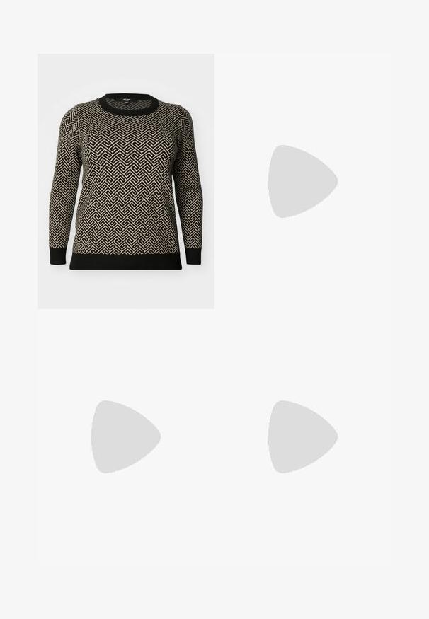 Schwarzer und beige gemusterter Pullover mit langen Ärmeln, rundem Ausschnitt und einem geometrischen Design sowie kontrastierenden Rippbündchen und Saum.; Fünf Tops in Marineblau, Weiß, Grau, Schwarz und Schwarz, mit dünnen verstellbaren Trägern und einem figurbetonten Schnitt aus glattem Baumwollmaterial.; Schwarze Denim-Jeans mit geradem Bein, ausgestattet mit einem Knopfverschluss, fünf Taschen und dezentem Stickdetail. Angenehme Textur.; Schwarz-weiße Sportschuhe mit einem Obermaterial aus Wildleder und Leder, ausgestattet mit drei weißen Streifen und einer Gummisohle. Paar mit weißen Socken getragen.; Silberne Creolen mit einer glatten, polierten Oberfläche. Runder Form und sicherem Klickverschluss. Leichtes Design, geeignet für den täglichen Gebrauch.