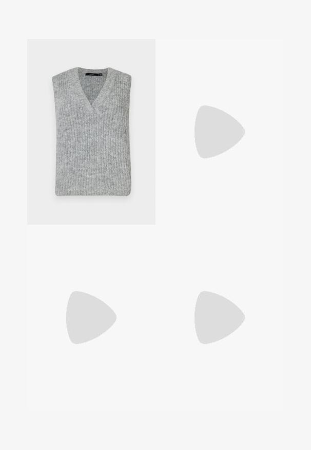 Szary dzianinowy kamizelka z dekoltem w serek i bez rękawów. Posiada prążkowaną fakturę i prosty dół.; Czarny, długi rękaw, dopasowana bluzka z kwadratowym dekoltem, oznaczona marką GAP, wyeksponowana na białym tle.; Jeansy z szerokimi nogawkami w ciemnoniebieskim denienie. Posiadają kontrastowe przeszycia, pięć kieszeni oraz zapięcie na guzik w talii. Gładka faktura.; Czerwone skórzane buty typu slingback z płaską podeszwą i spiczastym noskiem, z ozdobnym sznurówką z przodu, posiadające wąski pasek na kostkę.